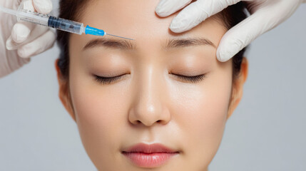 An Asian woman undergoes a professional cosmetic injection, symbolizing modern approaches to wrinkle reduction and skin tightening.