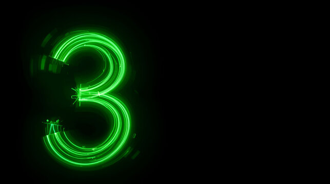 Long exposure, light painting photography.  Single number three in a vibrant neon green colour against a black background