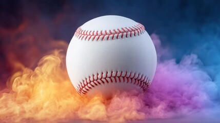 Baseball in Vibrant Smoke Background with Colorful Lighting Effects and Dramatic Atmosphere for Sports and Recreation Themes