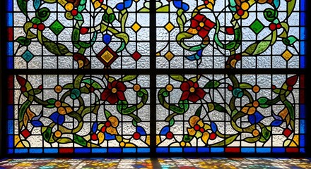 Sunlight shines through a vibrant leaded stained glass window with intricate, symmetrical floral patterns, casting colorful reflections.