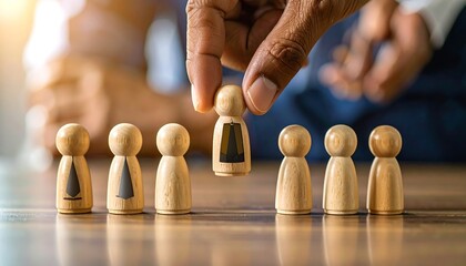 A hand selects a wooden figurine