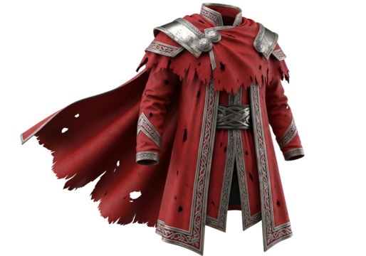 A detailed, digitally rendered, red garment with intricate silver detailing and tattered edges, highlighting a dramatic and weathered style.