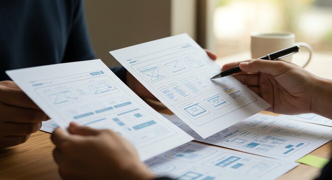 People reviewing website wireframes during meeting