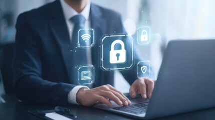 Businessman Using Laptop with Cybersecurity Graphics and Lock Icons for Online Protection and Data Security