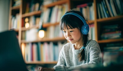 Student deeply engaged in studying on a laptop while seated in a quiet library 