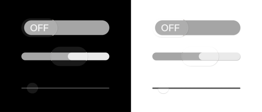 Switch, toggle, buttons, isolated, white design for modern UI. PNG sparkles in Overlay with transparent clarity. Control panel PNG perfect for app, web interface, liquid glass.