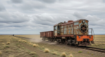 Abandoned train on dusty railway in an empty landscape with cloudy sky for memory concept
