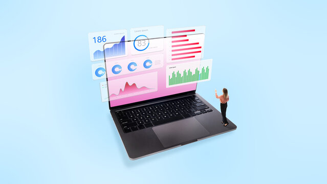 Modern collage. Woman standing by laptop with holographic business charts on blue background. Concept of data analysis, digital business, advertising strategy, editorial use, and mobile app design.