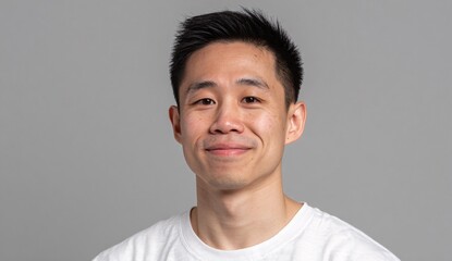 confident and handsome young asian man smiling against isolated background