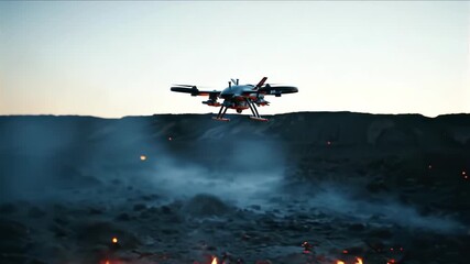 Military drone taking off over burning battlefield at dusk - Powered by Adobe