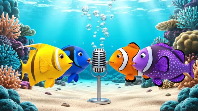 Funny cartoon fish quartet singing like karaoke into microphone underwater with coral reef and bubbles