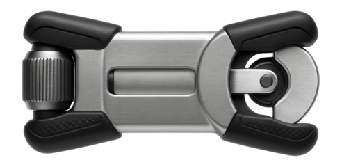 Foldable pipe cutter with a retractable blade for easy storage in an automotive repair garage.