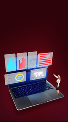 Bold colorful poster. Businesswoman presenting laptop with holographic analytics charts on red background. Concept of business presentation, data analysis, advertising design, and corporate reports.
