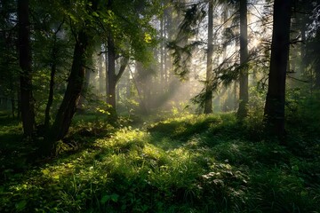 Obraz premium Lush forest bathed in morning light.