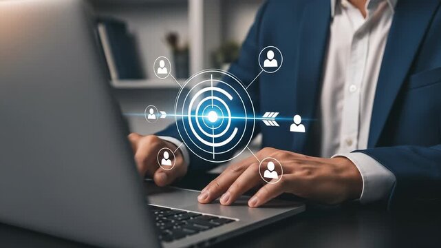 Targeted Marketing Strategy: Businessman Using Laptop to Achieve Customer Focus, Digital Targeting, and Business Success