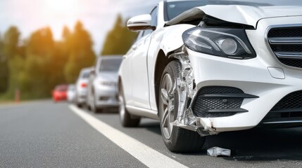 Fototapeta premium Damaged Car with Severe Front-end Collision on Road Surrounded by Traffic in Outdoor Scene with Sunlight