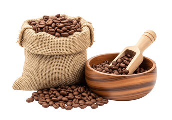 Obraz premium coffee beans in a sack and wooden bowl isolated on transparent