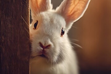 Obraz premium White rabbit peeks out from behind a wooden beam in warm sunlight.