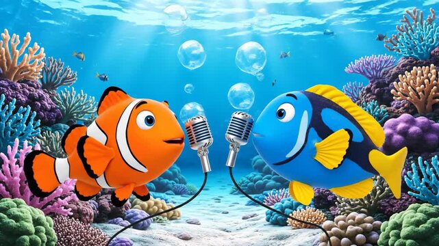 Cartoon fish singing underwater with microphone and bubbles