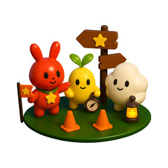 Fototapeta premium Trail Adventure Signpost with Red Bunny & Friends — Kawaii 3D Clipart (Transparent PNG)