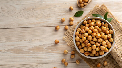 Healthy roasted chickpeas in bowl and on table for delicious vegan snack or nutritious meal prep