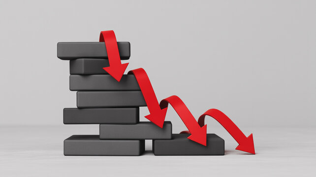 Stock market crash concept illustration with red arrow pointing down on gray steps rendering