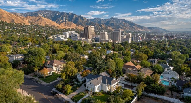 Utah Neighborhood. Aerial View of Salt Lake City Skyline with Mountain Landscape