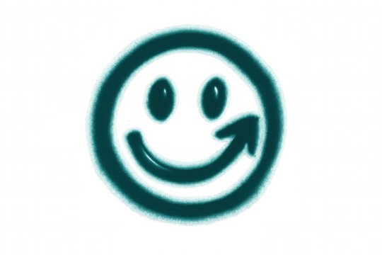 Cheerful turquoise emoji with rising arrow representing optimistic growth, floating against transparent backdrop