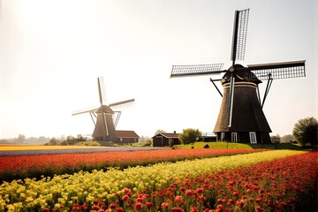 Windmills stand in a field of colorful tulips.