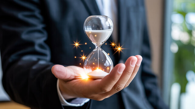 Time management concept business man holding hourglass sand timer in hand with magic effect of time flow - Powered by Adobe