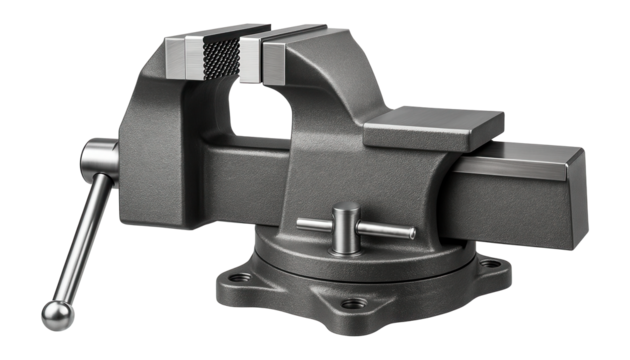 Bench vise clamp with a rotating base and serrated jaws for a metal fabrication workshop.