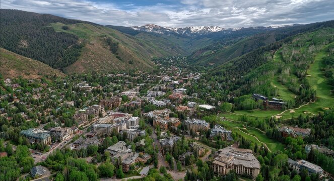 Vail Mountains: Aerial View of Downtown Vail, Colorado Ski Town in Winter