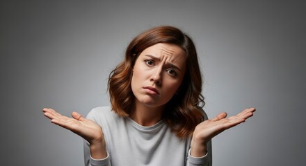 Fototapeta premium Woman with furrowed brow dark hair and a grey longsleeve shirt raises hands in a shrugging gesture against a grey background