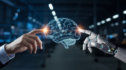 Artificial intelligence ai brain technology human robot connection future concept innovation 100