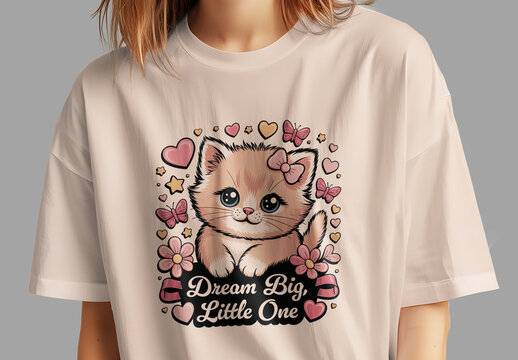 Cute Kitten Feminine T Shirt Design with Hearts and Butterflies