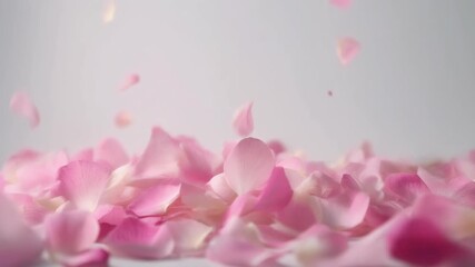 Soft pink rose petals falling down and lying on white surface in romantic slow motion
 - Powered by Adobe