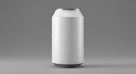 White aluminum beverage can standing chilled, ready for a refreshing cold drink experience