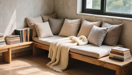 Cozy Reading Nook With Soft Cushions and Warm Throw in a Sunlit Room With Bookshelves