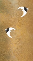 飛翔する２羽の丹頂鶴　質感のある金褐色の抽象的な背景