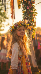 Fototapeta premium Scandinavian Midsummer Celebration with Maypole and Dancing
