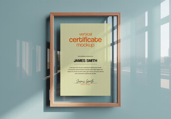 Vertical Certificate Mockup in Wooden Frame on Wall