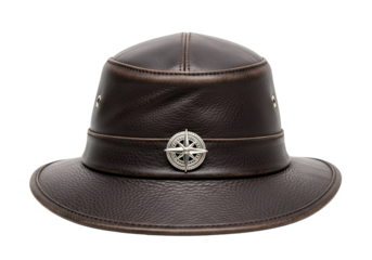 A dark brown leather hat features a decorative compass-like emblem, adding a touch of adventure and style.