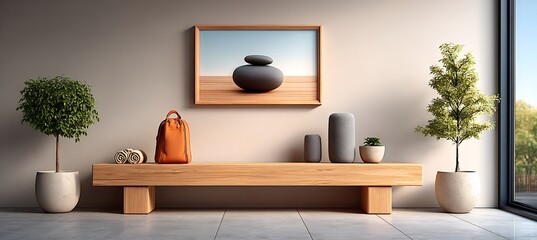 Zen interior design home decor with plants and stone art for relaxation and meditation space ideas .mockup 
