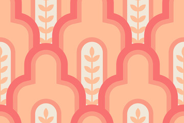 Geometric seamless pattern inspired by the Arabian arches. Art Deco vector background in coral pink.