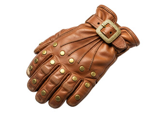A brown leather motorcycle glove with decorative rivets and a clasp displays rich texture and detail against a black background.