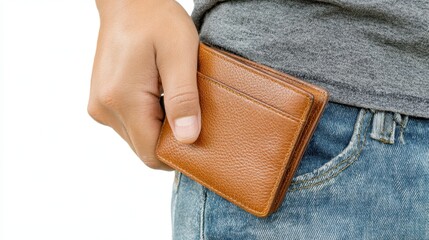 Wallet Back Pocket: Young Asian Man Holding Billfold to Pay Debt and Manage Budget