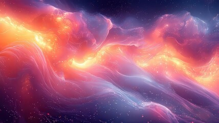 Vibrant cosmic nebula with swirling clouds of pink ad orange hues, evoking a snse of wonder and exploraton in the universe.