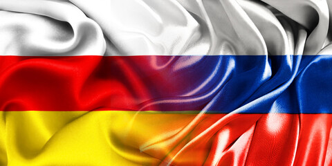 Fototapeta premium The national flags of Russia and South Ossetia are combined into one and placed side by side on a fluttering cotton background. Flags.