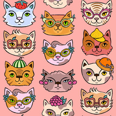 Seamless pattern with cute cat faces wearing fruity accessories. Hand drawn different cats on pink.