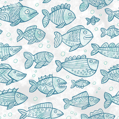 Cute fish seamless pattern on gray. Hand drawn raster repeat.
